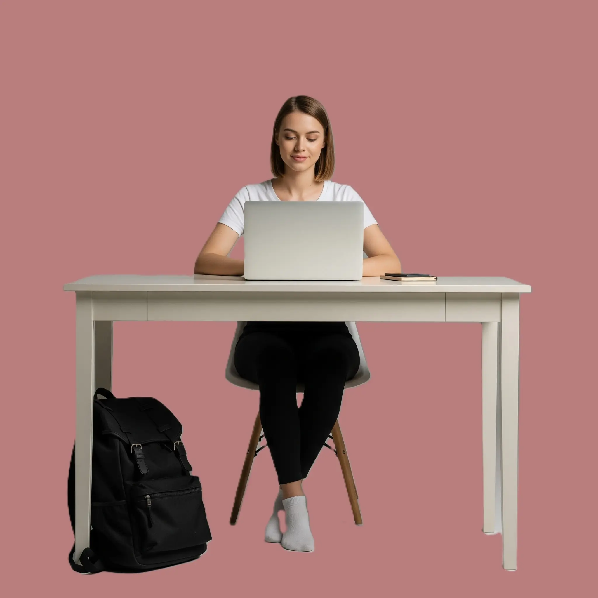 A young woman working on a laptop at a simple desk with a backpack beside her, representing coworking volunteer projects abroad for digital nomads and remote workers.