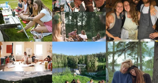 Photo collage of volunteer life at Shambala Gatherings in Sweden – scenes include group yoga and painting sessions, music circles in the forest, shared meals by the lake, kitchen teamwork, and peaceful moments in nature – promoting mindful living and community through volunteering at Shambala.