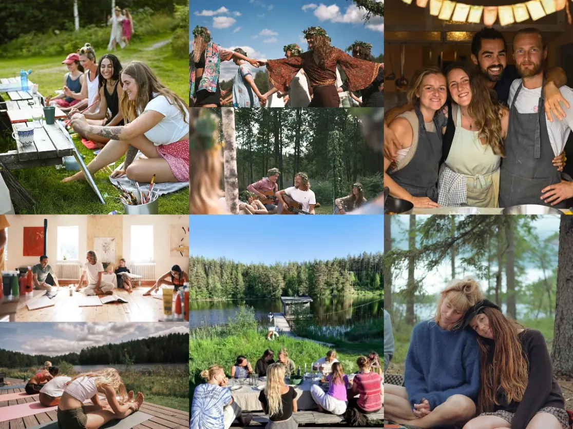 Photo collage of volunteer life at Shambala Gatherings in Sweden – scenes include group yoga and painting sessions, music circles in the forest, shared meals by the lake, kitchen teamwork, and peaceful moments in nature – promoting mindful living and community through volunteering at Shambala.