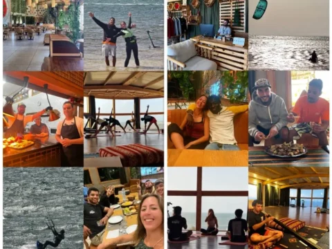A collage of moments from a volunteer-led hotel in Dakhla, Morocco: kitesurfing, group meals, yoga, music, and joyful shared moments between sea and desert.