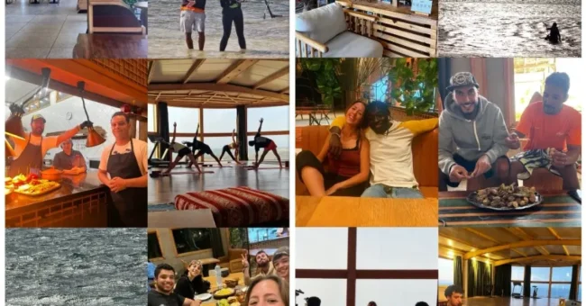 A collage of moments from a volunteer-led hotel in Dakhla, Morocco: kitesurfing, group meals, yoga, music, and joyful shared moments between sea and desert.