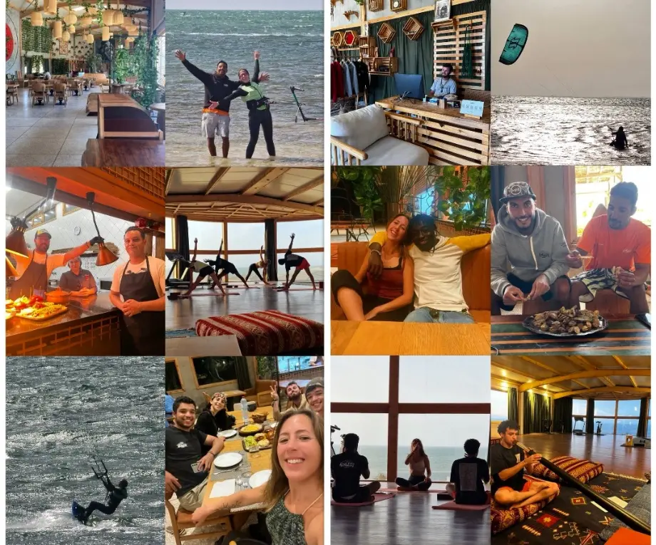 A collage of moments from a volunteer-led hotel in Dakhla, Morocco: kitesurfing, group meals, yoga, music, and joyful shared moments between sea and desert.
