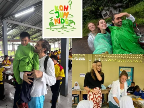 Volunteers at Koh Jum Kids in Thailand teaching local students, playing with children, and exploring the island community, with the Koh Jum Kids logo in the center.