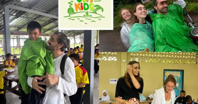 Volunteers at Koh Jum Kids in Thailand teaching local students, playing with children, and exploring the island community, with the Koh Jum Kids logo in the center.