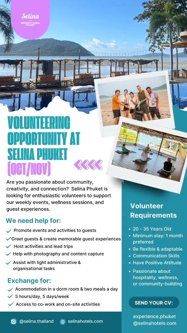 Selina Phuket volunteer flyer Oct/Nov promoting free dorm stay, meals, cowork access, and community activities.