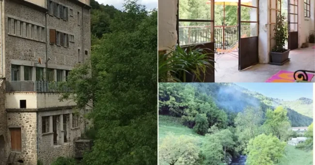 Collage showing the peaceful rural setting of Recreation Nation's volunteer project: a historic stone building nestled in the forest, an indoor-outdoor workspace with large open windows, and a stream running through the green landscape — ideal for creative volunteering with children in nature.