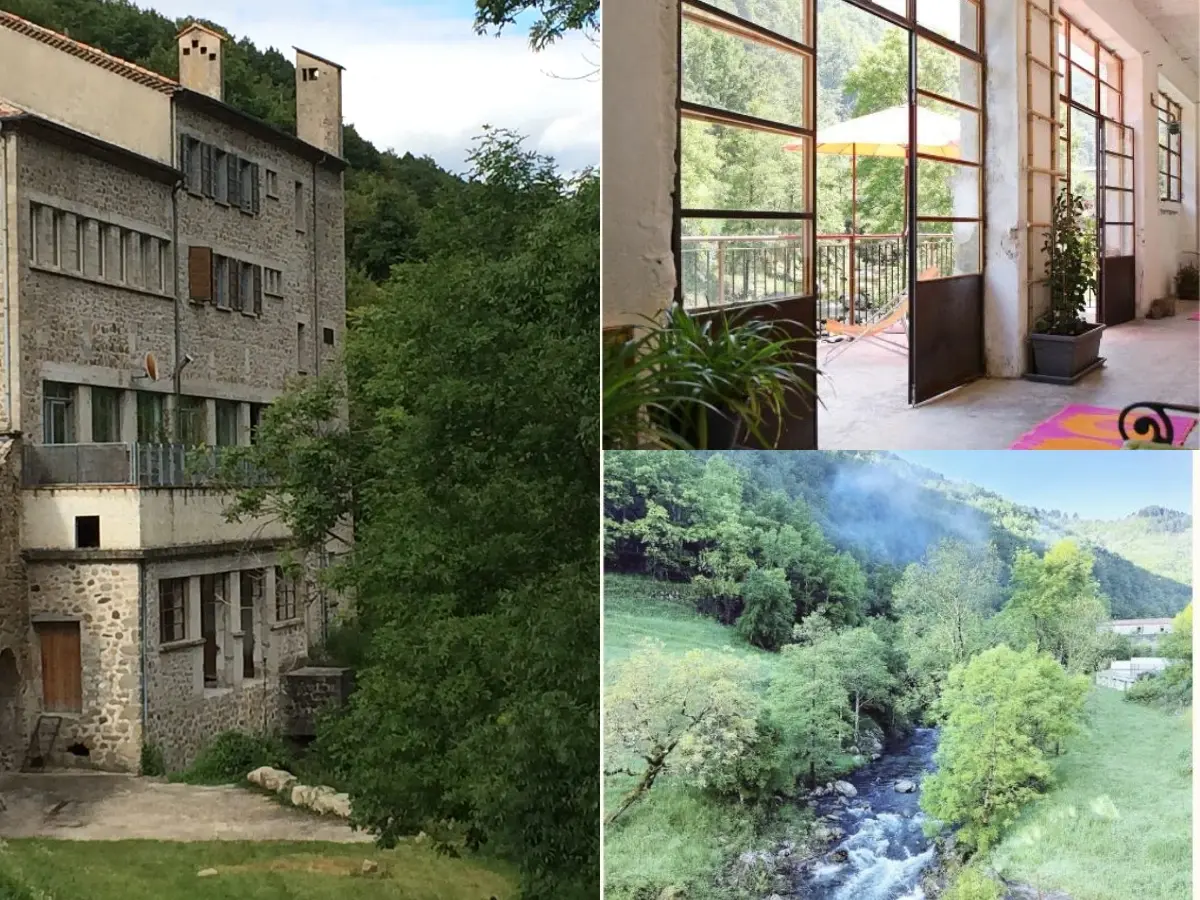 Collage showing the peaceful rural setting of Recreation Nation's volunteer project: a historic stone building nestled in the forest, an indoor-outdoor workspace with large open windows, and a stream running through the green landscape — ideal for creative volunteering with children in nature.