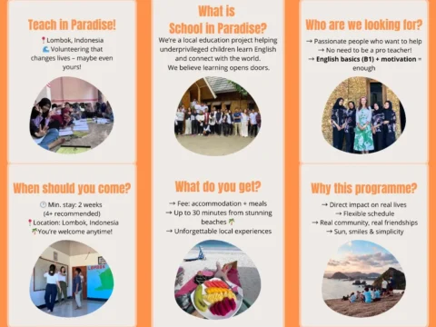 Collage showing key info about the “School in Paradise” volunteer program in Lombok, Indonesia – includes details on who can apply, what’s included, the project mission, location, and cultural benefits, along with photos of volunteers, local students, beach life, and teaching moments.