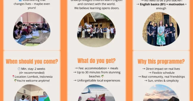 Collage showing key info about the “School in Paradise” volunteer program in Lombok, Indonesia – includes details on who can apply, what’s included, the project mission, location, and cultural benefits, along with photos of volunteers, local students, beach life, and teaching moments.
