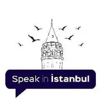 Speak in Istanbul logo featuring Galata Tower and flying birds, symbolizing cultural exchange and English language learning in Istanbul.