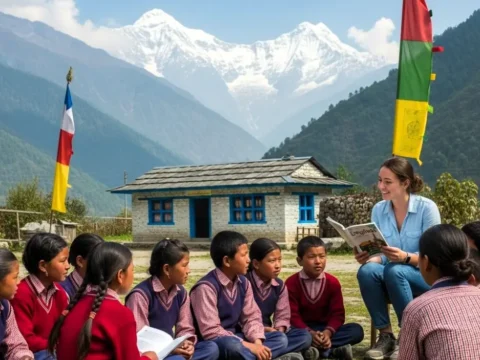 Foreign volunteer teaching a group of Nepali students outdoors in the Himalayan mountains, near a rural school building in Nepal. The children are wearing school uniforms, and Tibetan prayer flags are visible, with snow-capped peaks in the background.
