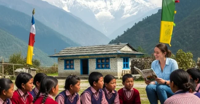 Foreign volunteer teaching a group of Nepali students outdoors in the Himalayan mountains, near a rural school building in Nepal. The children are wearing school uniforms, and Tibetan prayer flags are visible, with snow-capped peaks in the background.