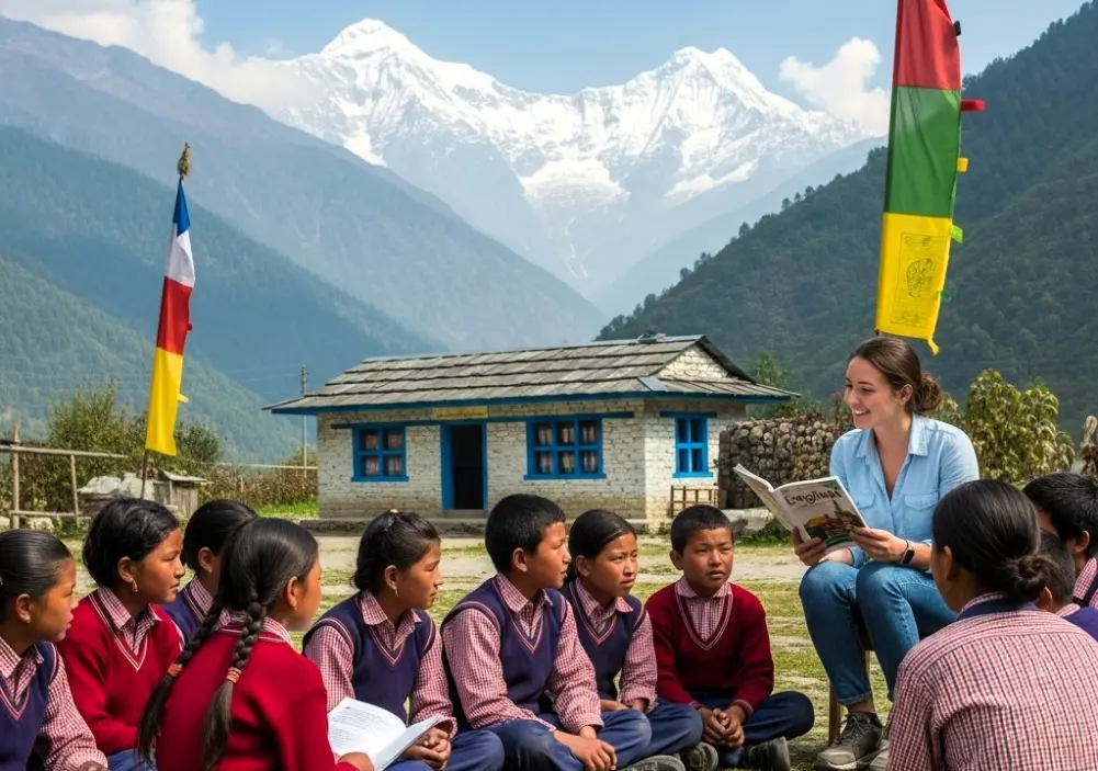 Foreign volunteer teaching a group of Nepali students outdoors in the Himalayan mountains, near a rural school building in Nepal. The children are wearing school uniforms, and Tibetan prayer flags are visible, with snow-capped peaks in the background.