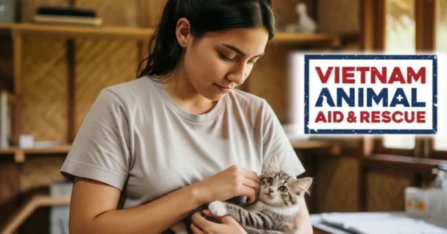 Volunteer at Vietnam Animal Aid & Rescue shelter â woman gently holding a rescued cat inside a wooden clinic near Hoi An, Vietnam. Logo of VAAR visible in the background. Animal care and vegan rescue work in Southeast Asia.
