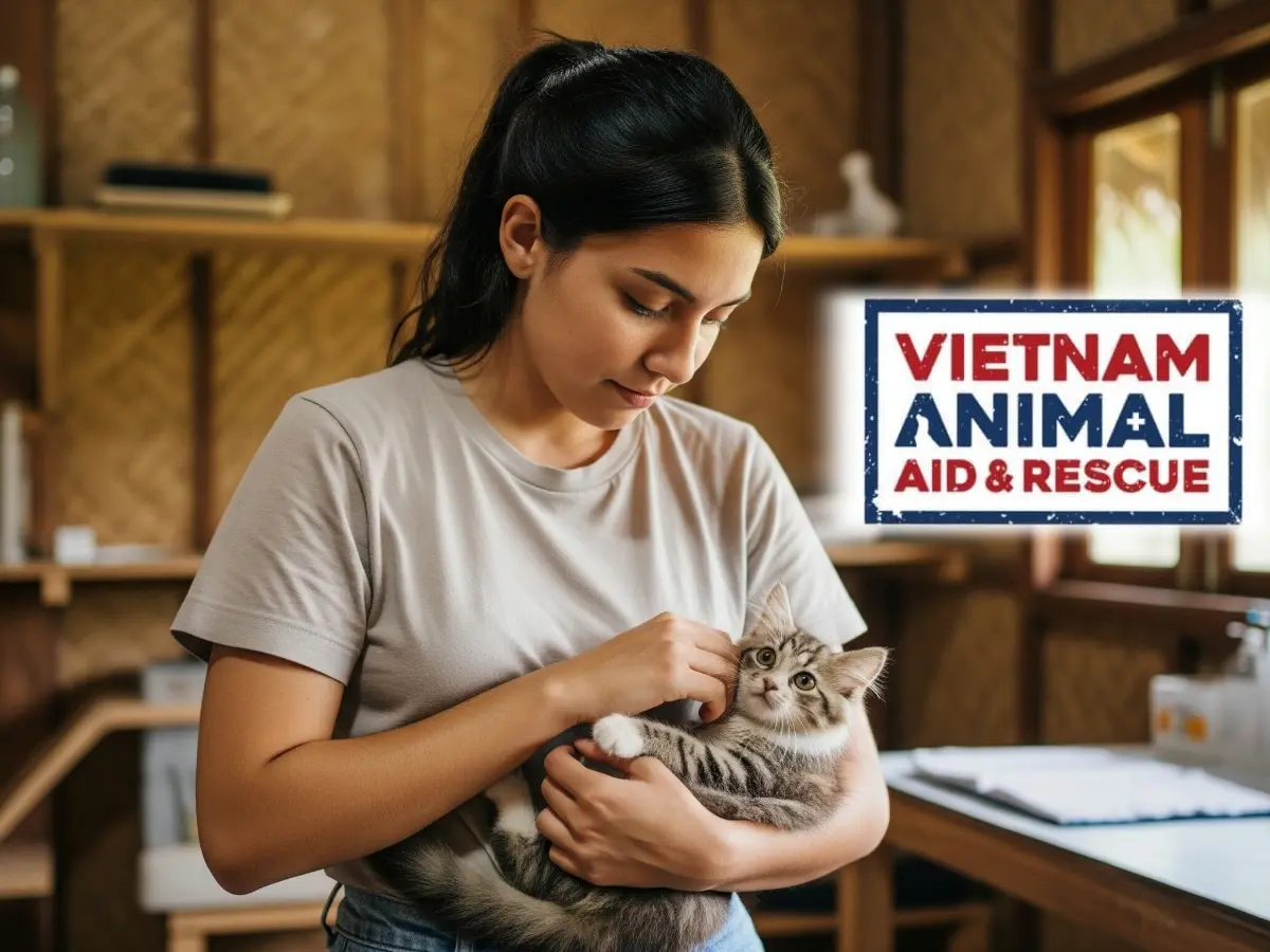 Volunteer at Vietnam Animal Aid & Rescue shelter – woman gently holding a rescued cat inside a wooden clinic near Hoi An, Vietnam. Logo of VAAR visible in the background. Animal care and vegan rescue work in Southeast Asia.