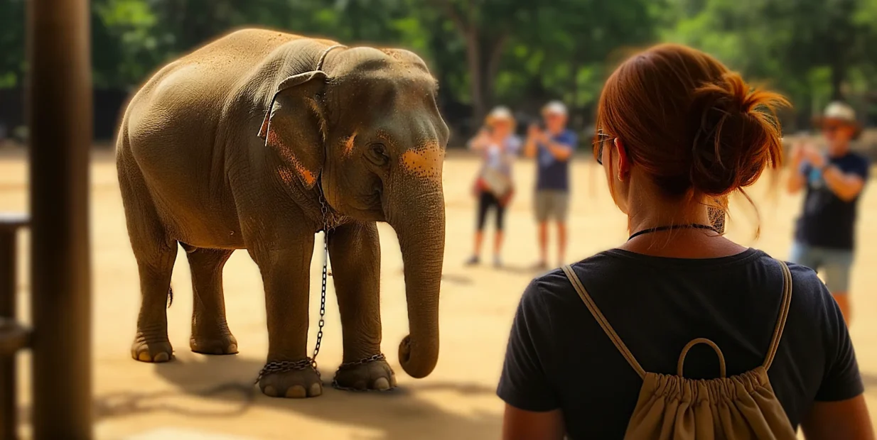 A chained elephant in a dusty tourist area being photographed by tourists while a woman with a backpack observes silently, raising awareness about animal exploitation in tourism.