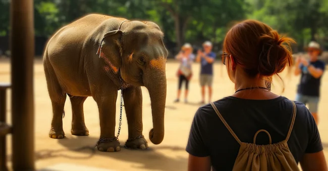 A chained elephant in a dusty tourist area being photographed by tourists while a woman with a backpack observes silently, raising awareness about animal exploitation in tourism.