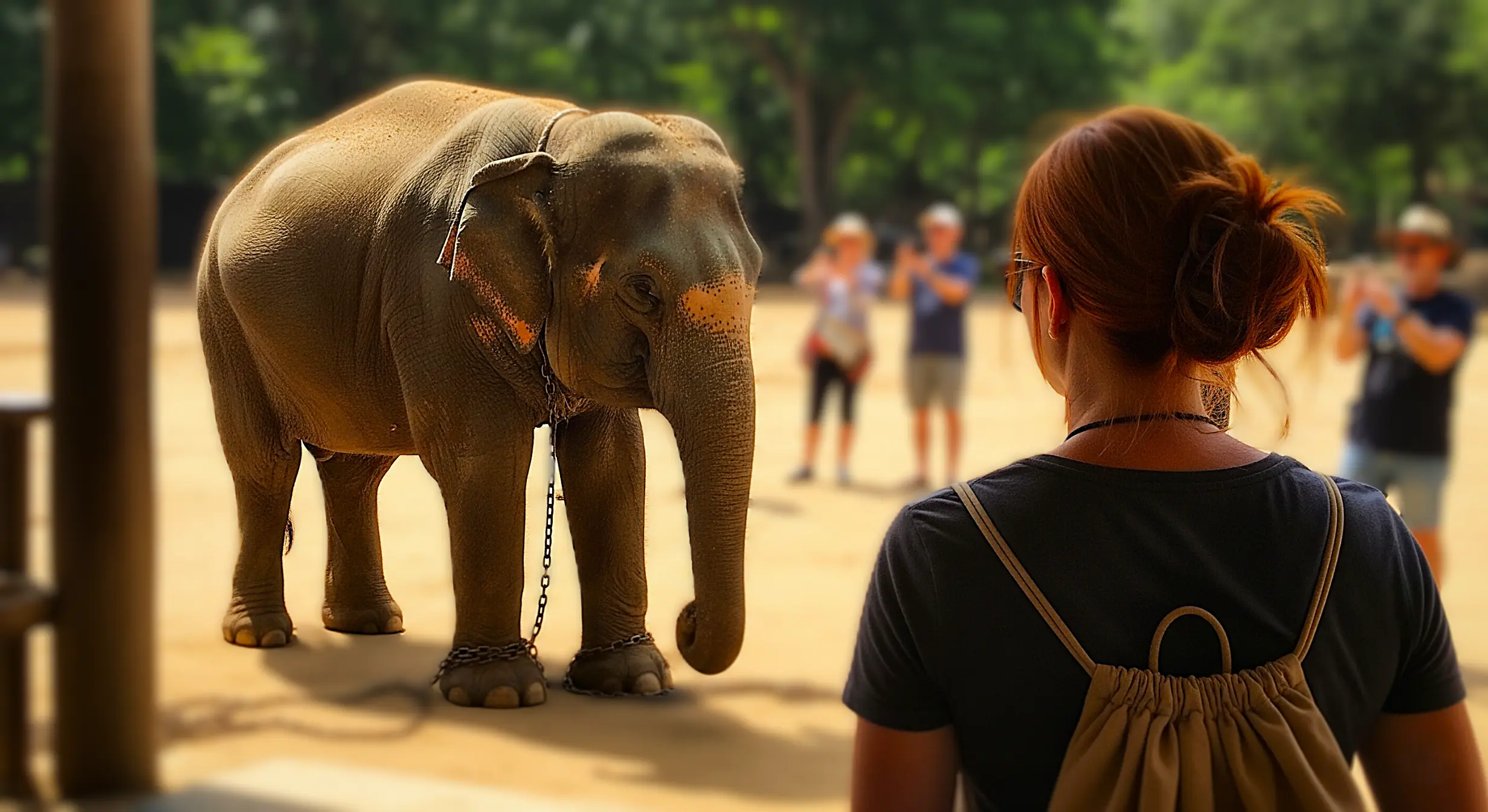 A chained elephant in a dusty tourist area being photographed by tourists while a woman with a backpack observes silently, raising awareness about animal exploitation in tourism.