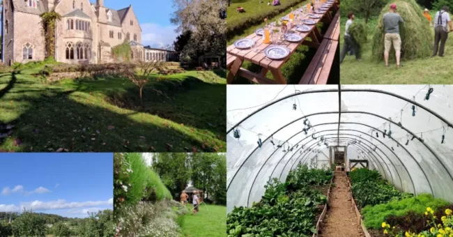 Collage of images from Monkton Wyld Court in Dorset, England, showing the historic Grade II listed rectory, volunteers gardening and working outdoors, a long outdoor dining table, a lush greenhouse, and scenic green landscapes, representing the eco-community's sustainable lifestyle and volunteer activities.