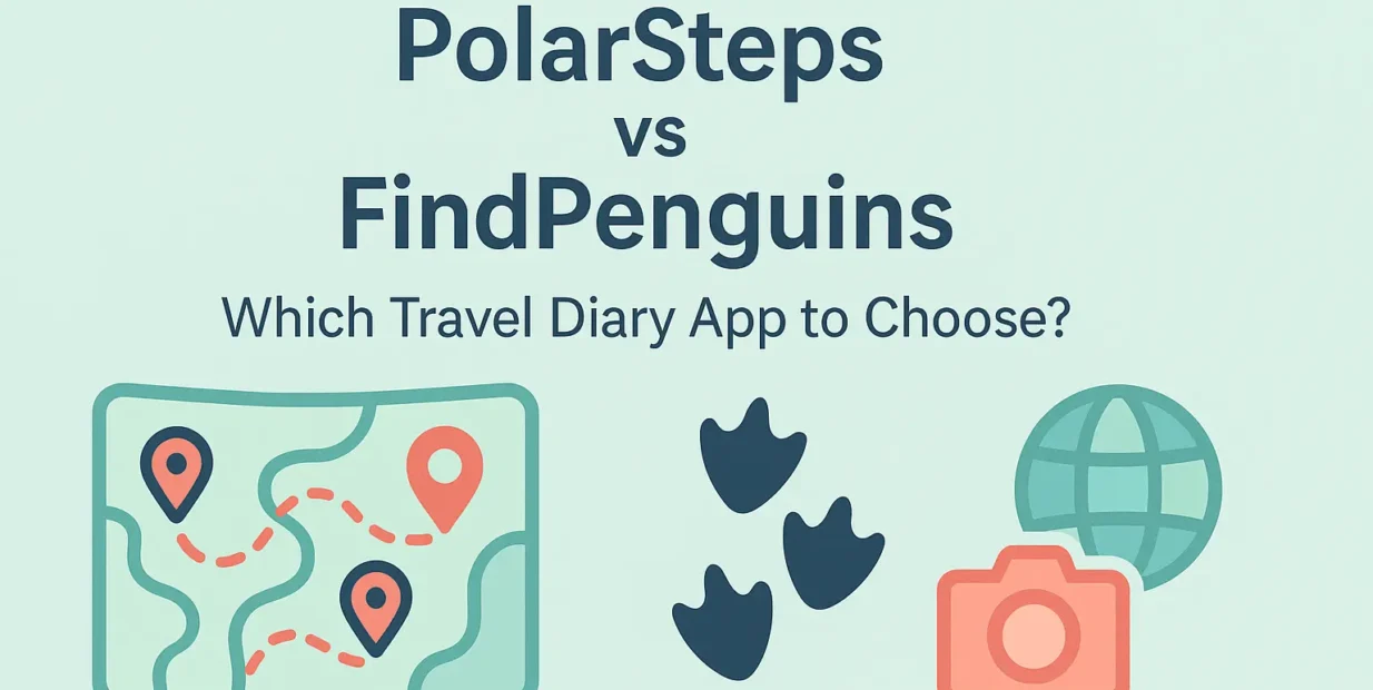 Illustrated comparison header showing PolarSteps vs FindPenguins with map icons, penguin footprints, a globe, and a camera, representing two popular travel diary apps.