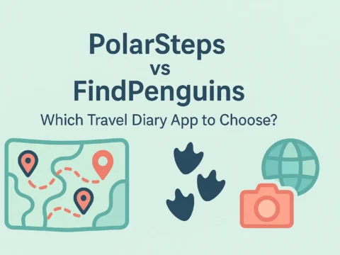 Illustrated comparison header showing PolarSteps vs FindPenguins with map icons, penguin footprints, a globe, and a camera, representing two popular travel diary apps.