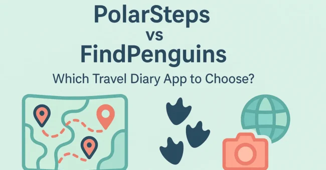 Illustrated comparison header showing PolarSteps vs FindPenguins with map icons, penguin footprints, a globe, and a camera, representing two popular travel diary apps.
