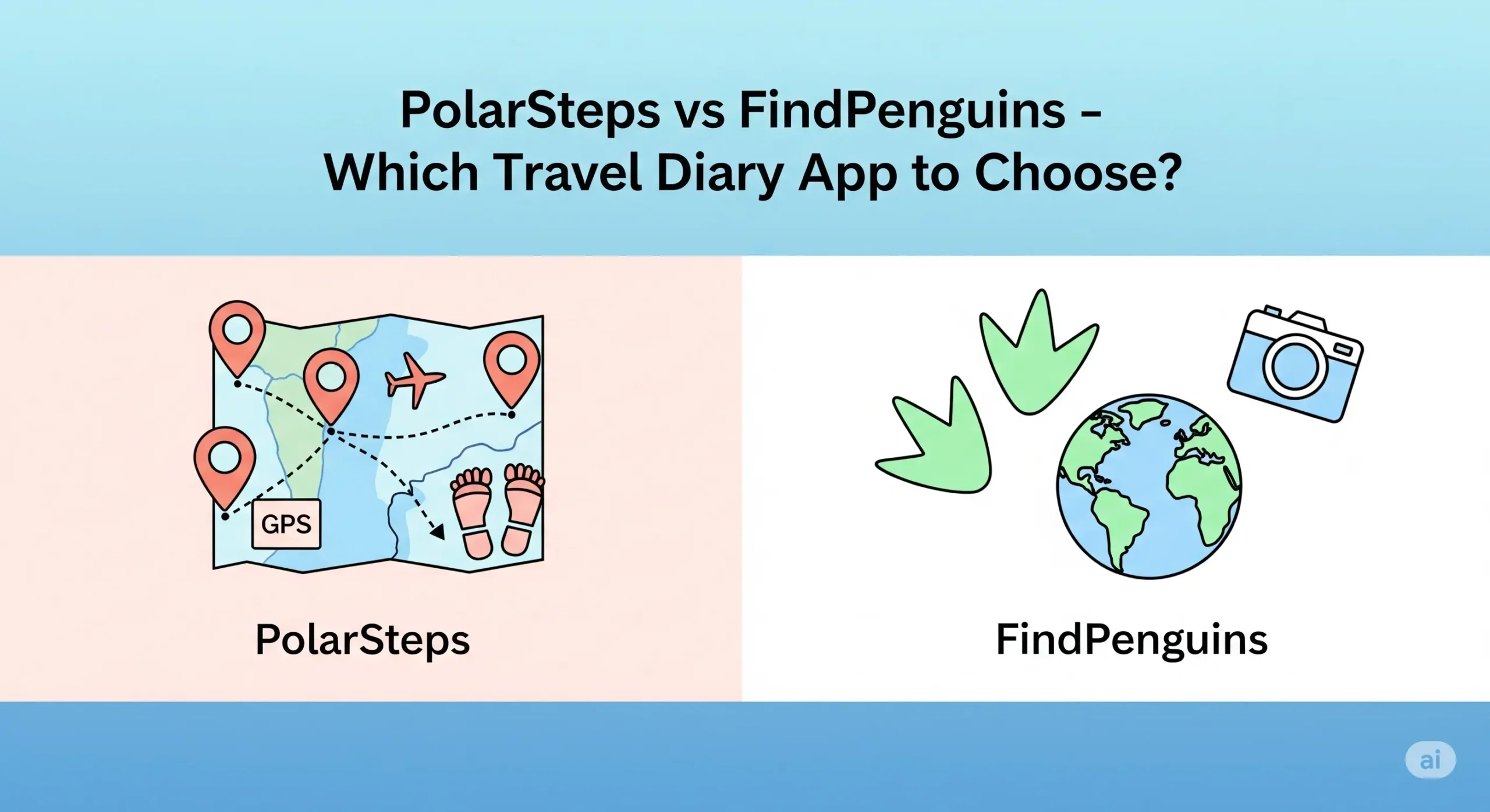 Illustrated comparison of PolarSteps and FindPenguins travel diary apps showing a GPS map with location pins and footprints for PolarSteps, and penguin footprints, a globe, and a camera for FindPenguins on a split background.