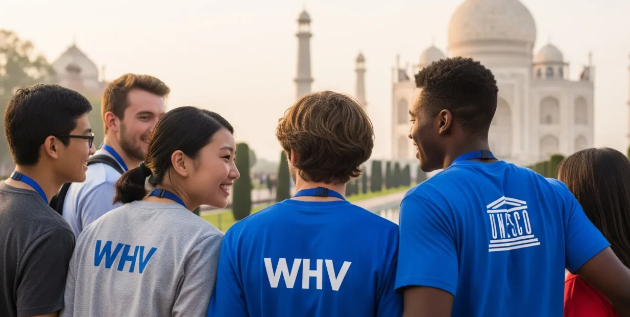 UNESCO World Heritage Volunteers smiling and standing together with backs to the camera, wearing WHV t-shirts, looking at the Taj Mahal in India during a heritage conservation project.