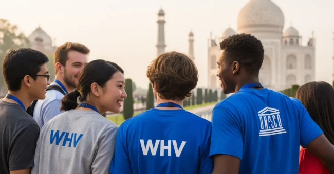 UNESCO World Heritage Volunteers smiling and standing together with backs to the camera, wearing WHV t-shirts, looking at the Taj Mahal in India during a heritage conservation project.