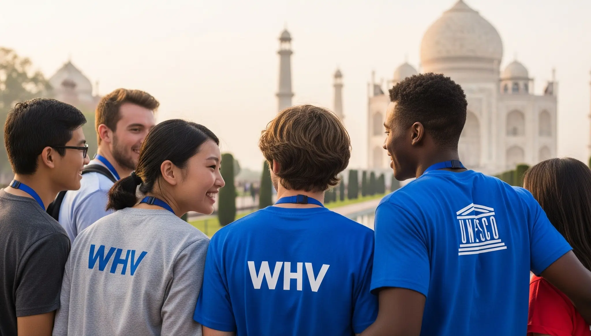 UNESCO World Heritage Volunteers smiling and standing together with backs to the camera, wearing WHV t-shirts, looking at the Taj Mahal in India during a heritage conservation project.