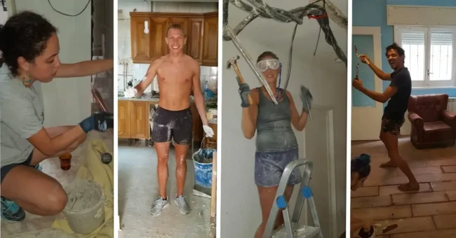 Volunteers smiling and working together on a home renovation project, painting walls, plastering, and handling construction tasks indoors in Madrid, Spain. The friendly and hands-on environment highlights teamwork and skill-sharing as part of a volunteer exchange experience.