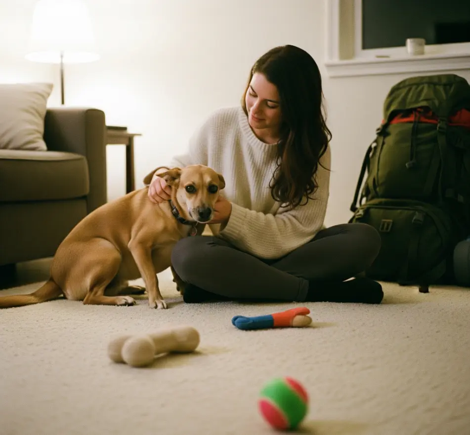 Young woman dogsitting an anxious brown dog in a cozy living room with toys on the carpet – travel backpack in background