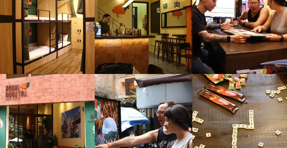 Volunteers interacting with travelers, playing games, and working at Rebelrooster Hostel in Hanoi’s Old Quarter, Vietnam
