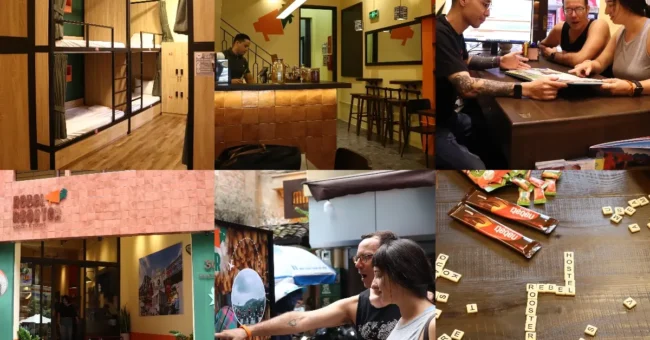 Volunteers interacting with travelers, playing games, and working at Rebelrooster Hostel in Hanoiโs Old Quarter, Vietnam