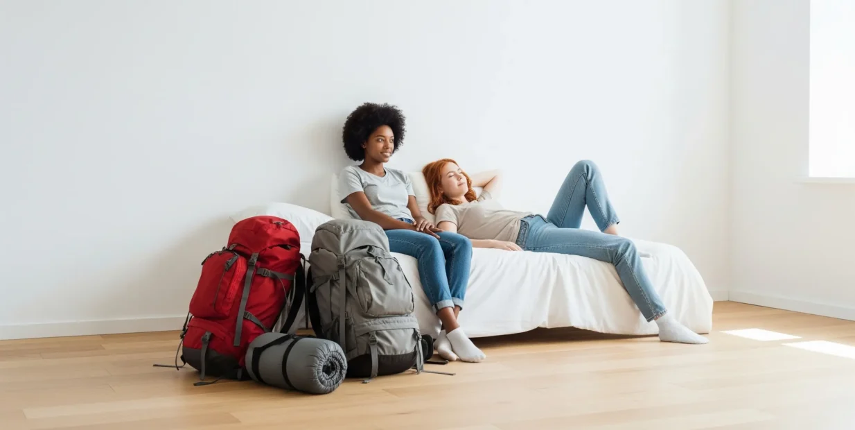 Two young travelers relaxing on a bed in a minimalist room with large backpacks on the floor, symbolizing budget travel and free stay websites abroad.