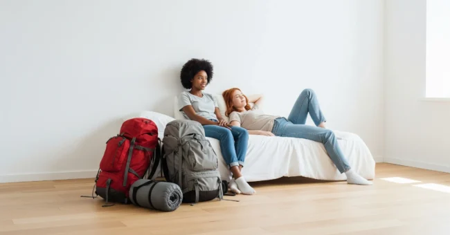 Two young travelers relaxing on a bed in a minimalist room with large backpacks on the floor, symbolizing budget travel and free stay websites abroad.