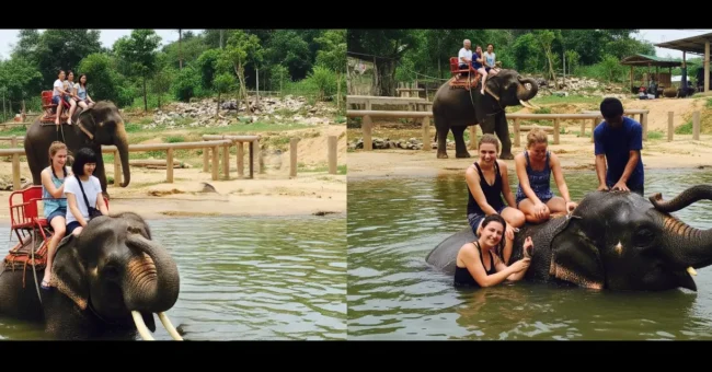 Tourists riding and bathing elephants at a tourist attraction posing as a sanctuary, with elephants in water and handlers nearby in an unnatural setting.