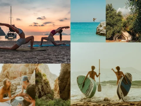 Collage of beach yoga, paddleboarding, music, and nature in Butterfly Valley, Turkey – an off-grid eco-retreat experience for volunteers.