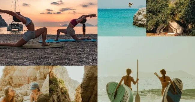 Collage of beach yoga, paddleboarding, music, and nature in Butterfly Valley, Turkey – an off-grid eco-retreat experience for volunteers.