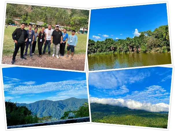 Four-photo collage showing Fundación Territorial Shamuy: a group of volunteers on a village field, a palm-lined lagoon, a roadside view of forested mountains, and green high-jungle hills under cloud bands—Tarapoto, San Martín, Peruvian Amazon.