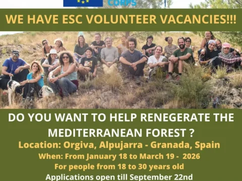 Group photo with text “ESC volunteer vacancies” for a Mediterranean forest project in Órgiva, Granada; apply by Sept 22.