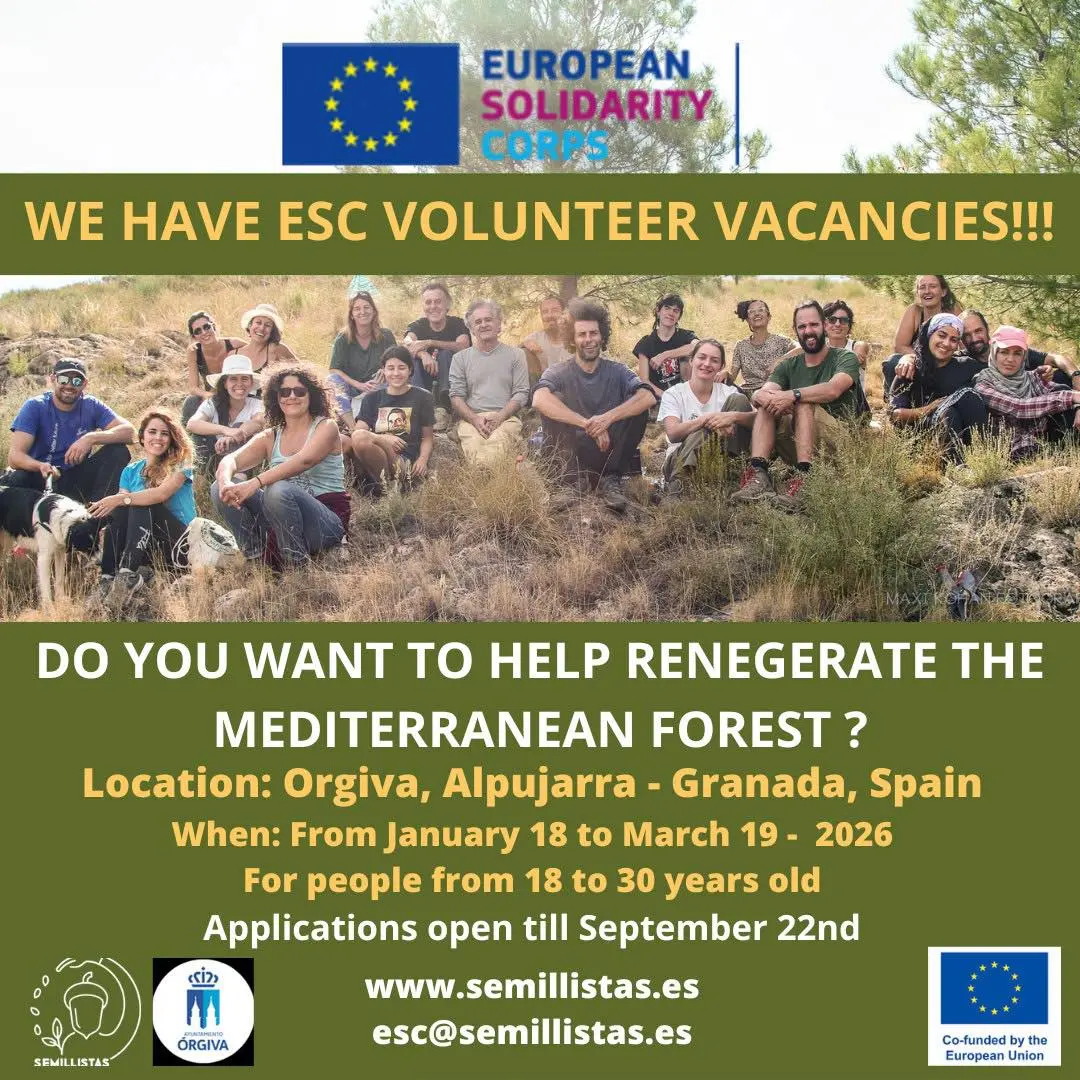 Group photo with text “ESC volunteer vacancies” for a Mediterranean forest project in Órgiva, Granada; apply by Sept 22.