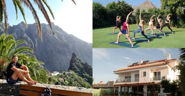 Volunteers and guests practising yoga on a lawn at Bliss Yoga Retreats, Tenerife.