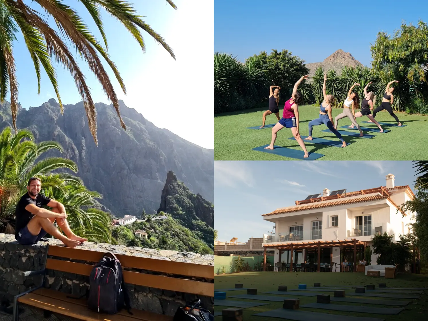 Volunteers and guests practising yoga on a lawn at Bliss Yoga Retreats, Tenerife.