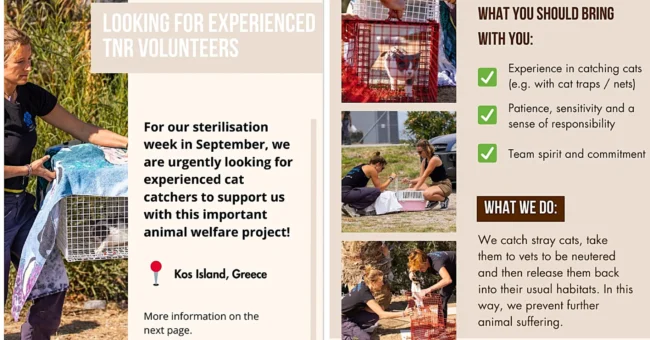 Poster recruiting experienced TNR volunteers for Kos, Greece: photos show humane traps, carriers, and volunteers handling cats. Text notes requirements (experience with traps/nets, patience, team spirit) and explains the workโcatch, neuter, and return community cats.