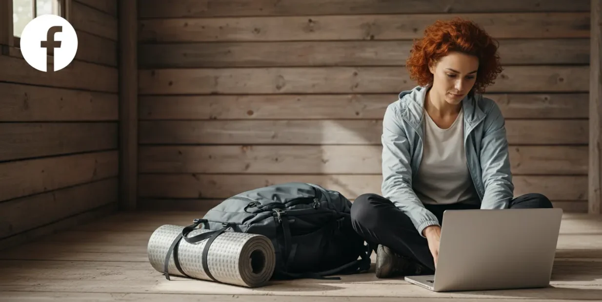 Young digital nomad using a laptop to browse Facebook groups, with a large backpack and rolled sleeping pad beside her in a neutral wooden room.