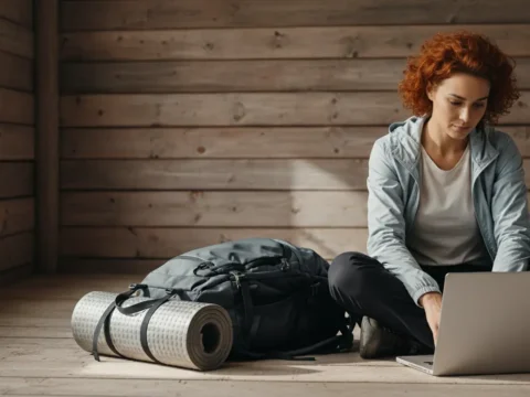 Young digital nomad using a laptop to browse Facebook groups, with a large backpack and rolled sleeping pad beside her in a neutral wooden room.