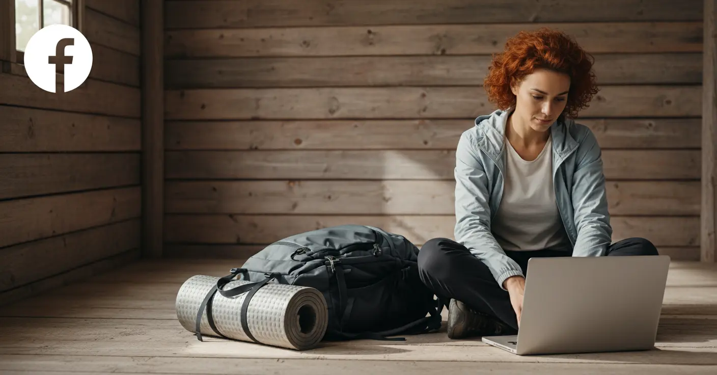 Young digital nomad using a laptop to browse Facebook groups, with a large backpack and rolled sleeping pad beside her in a neutral wooden room.