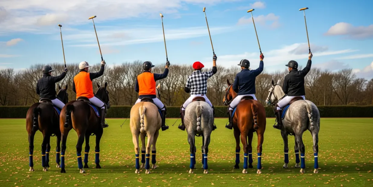 polo players on horseback raising mallets on a green field in Argentina, during a volunteer polo training session.