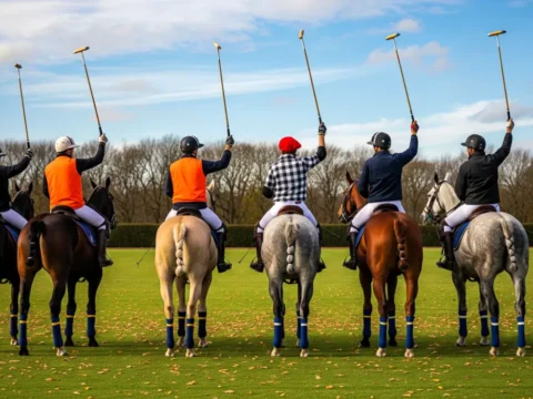 polo players on horseback raising mallets on a green field in Argentina, during a volunteer polo training session.
